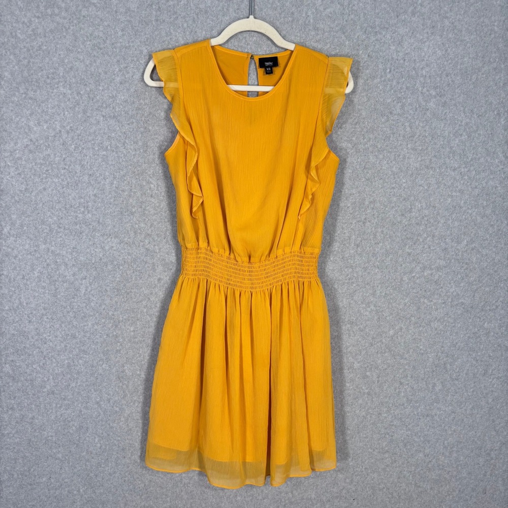 Mossimo Ruffle Smocked Dress XS Mustard Feminine Flowy Boho Romantic Sheer